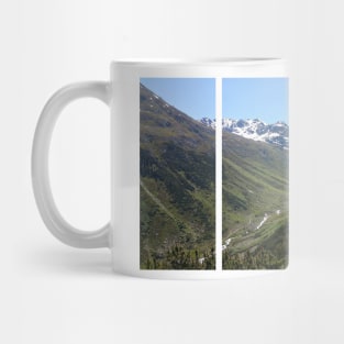 A shot on the move from the driver window of an electric car with snow-covered alps mountains in front of it. Sunny summer day. POV first person view shot on a mountain road. Italy Mug